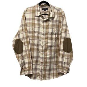 Cremieux Collection size XL tan plaid patch elbows 100% cotton pockets shirt